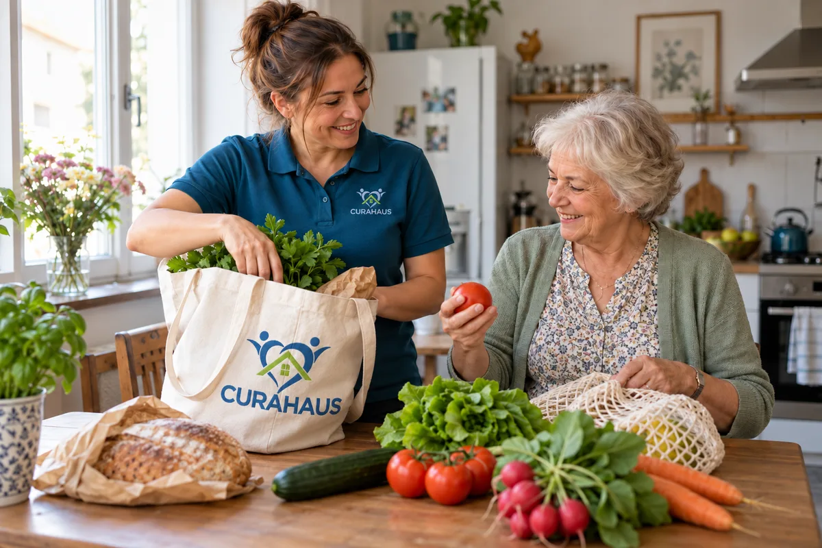 موظفة من CuraHaus تساعد سيدة مسنة في ترتيب مشتريات المنزل